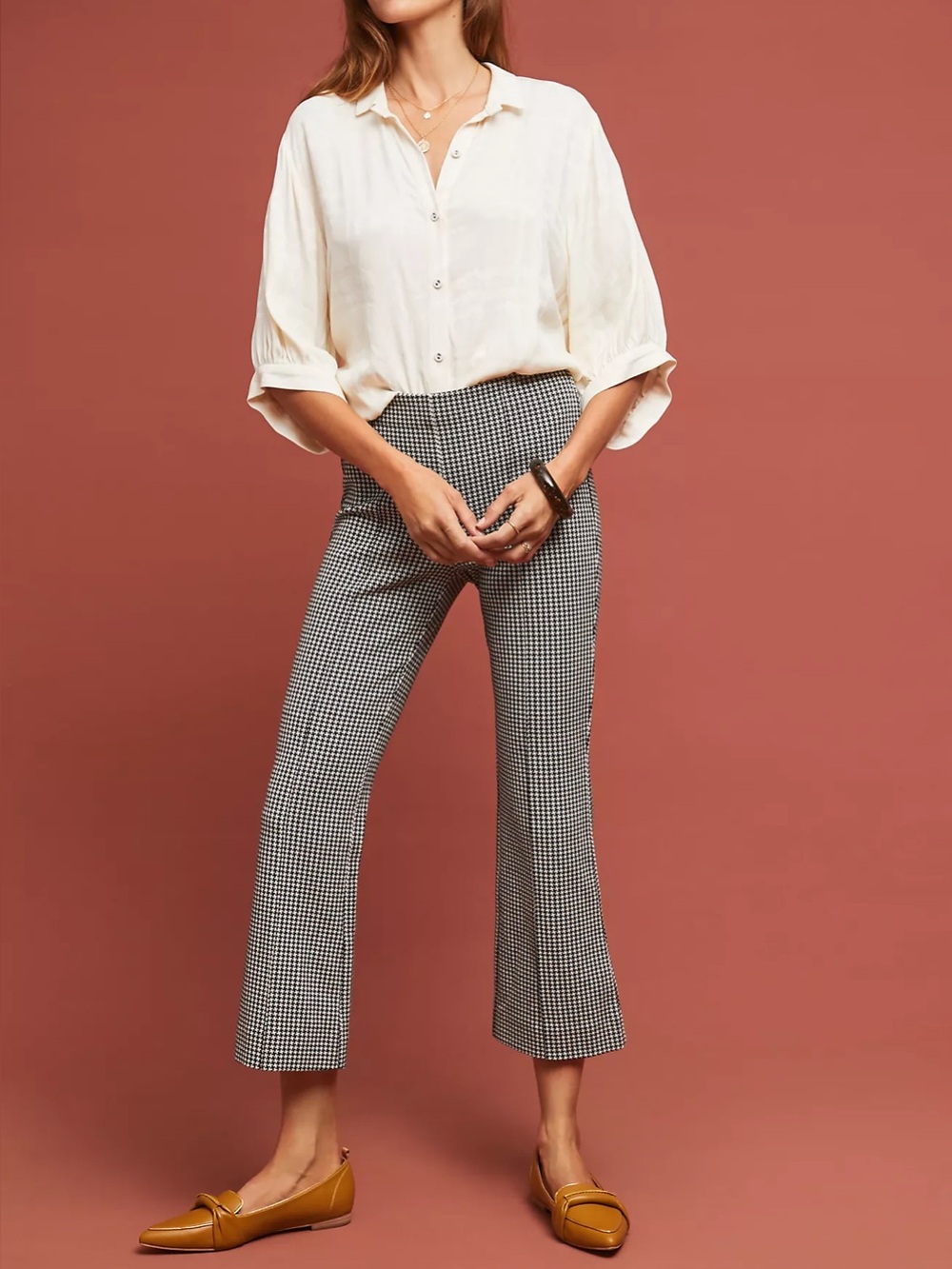 Anthropologie Cartonnier Houndstooth Cropped Flare Pants Women Black White L